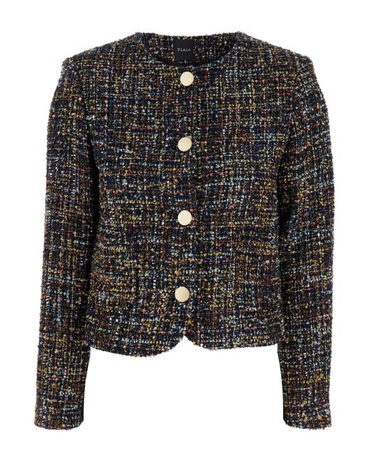 Le Plain Black Jacket With Round Neck And Front Button Closure