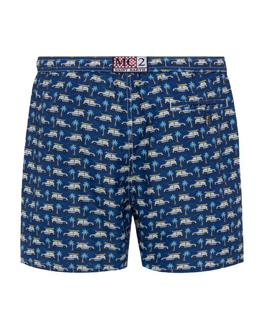 Mc2 Saint Barth Blue Lightweight Fabric Swim Shorts Lighting With Panda Car Print