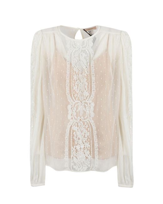 Twin Set White Mesh Blouse With Embroidery And Sequins