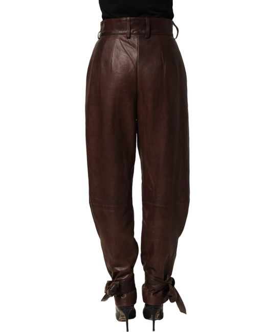 Dolce & Gabbana Brown Leather High Waist Tapered Leg Pants Lamb