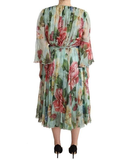 Dolce & Gabbana Green Elegant Floral Midi Silk Dress