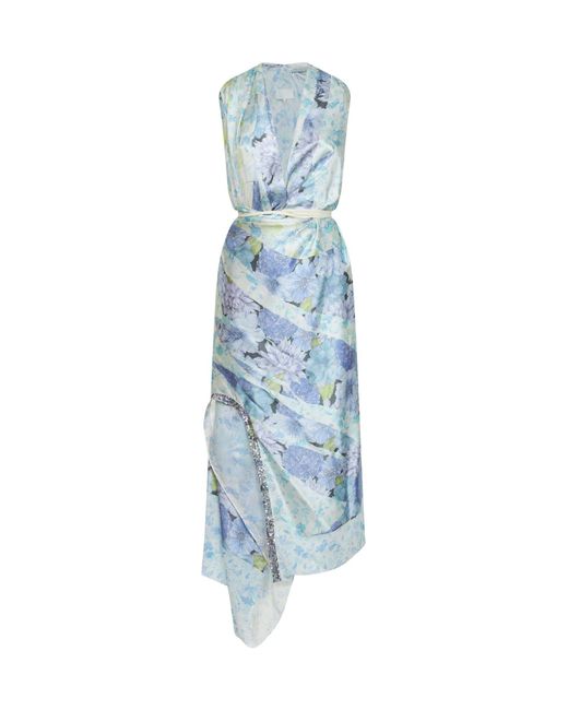 Maison Margiela Blue Light Floral Silk Wrap Midi Dress