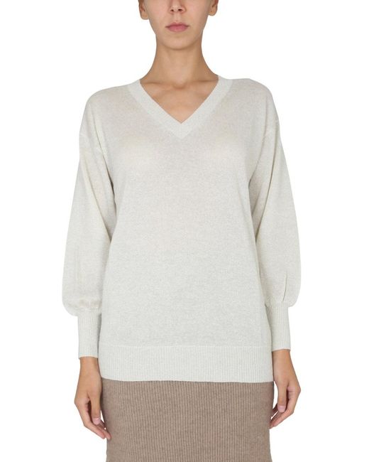 Fabiana Filippi White V-Neck Jersey With Ribbed Collar Viscose Jumpers