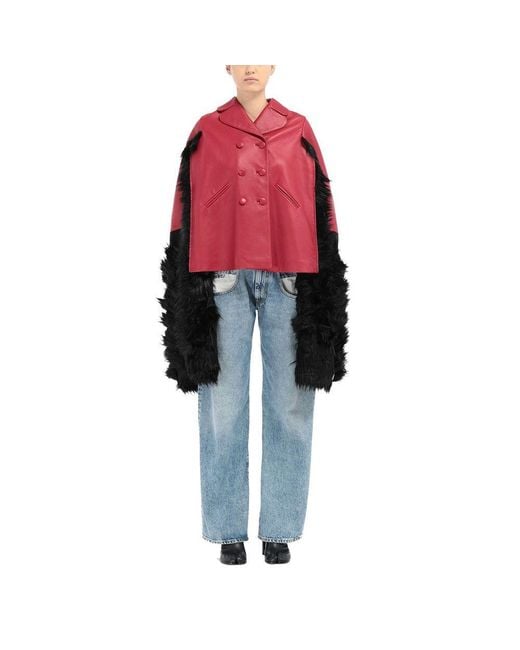 Maison Margiela Pink Faux Fur Trimmed Leather Cape Jacket