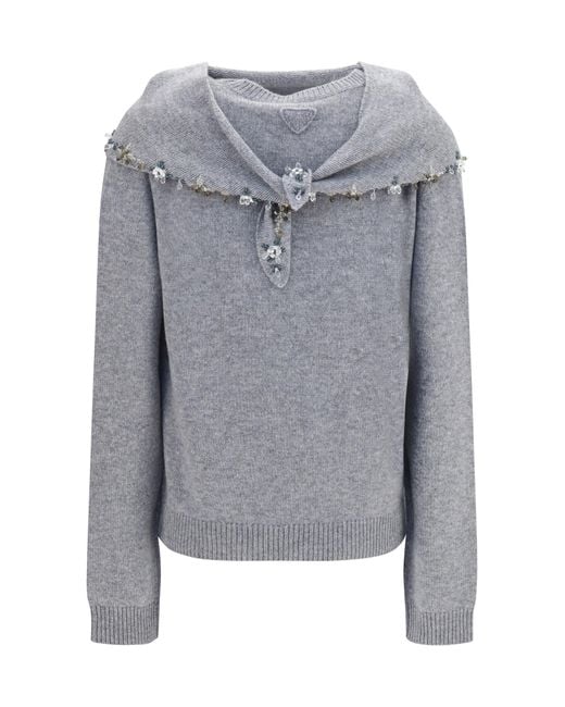Prada Gray Sweater With Integrated Scarf Cashmere Sweatshirts