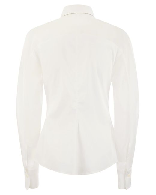 Brunello Cucinelli White Stretch Cotton Poplin Shirt With Cotton Organza Sleeves And Necklace