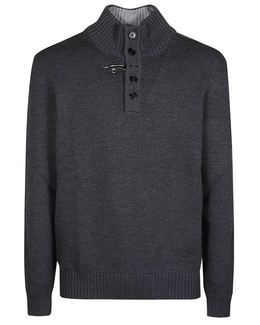 Fay Black Ribbed Virgin Wool Button-Front Jumper for men