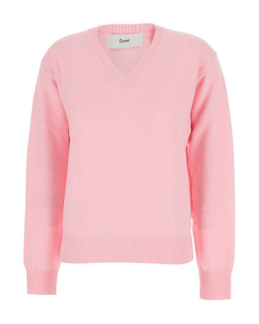 DUNST Pink V-Neck Sweater With Ribbed Details
