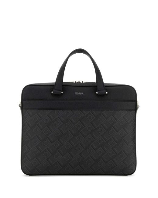 Ferragamo Black Printed Canvas Briefcase for men