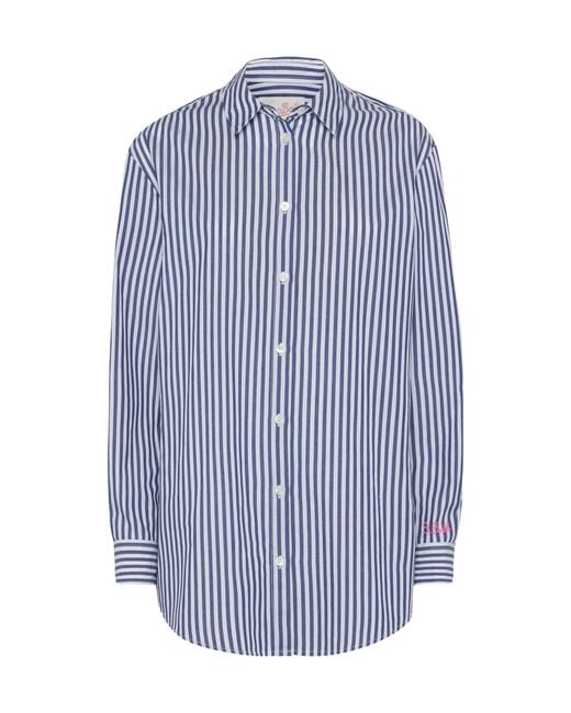 Mc2 Saint Barth Blue Brigitte Striped-Print Cotton Shirt With Saint Barth Beach Club Embroidery