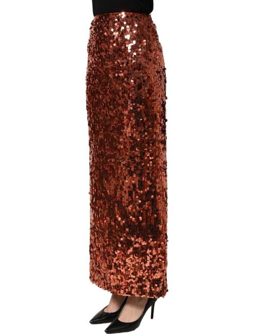 Dolce & Gabbana Red Sequin Highwaist Pencilcut Midi Skirt Nylon