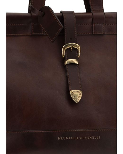 Brunello Cucinelli Brown Calf Leather Bos Taurus Shoulder Bag