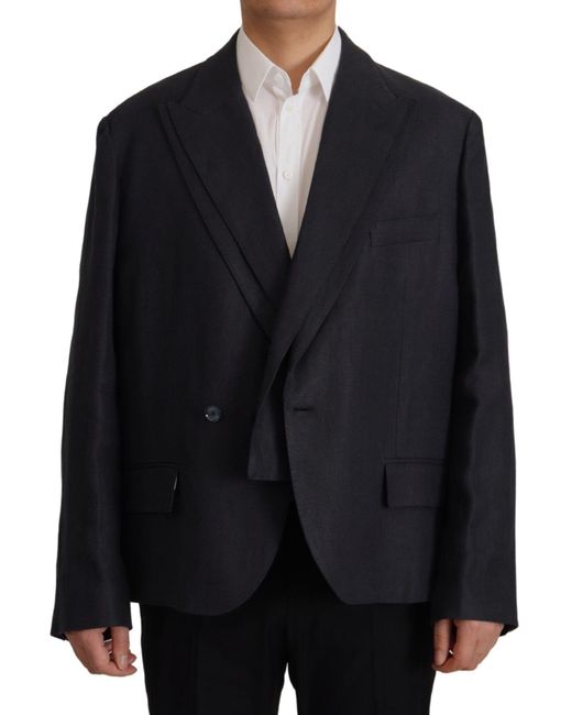 Dolce & Gabbana Black Blue Linen Formal Mens Blazer Jacket for men