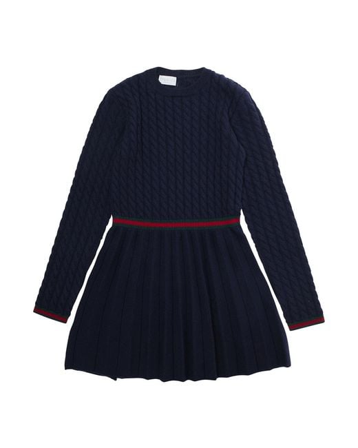 Gucci Blue Dress With Round Neck And Web Detail Wool