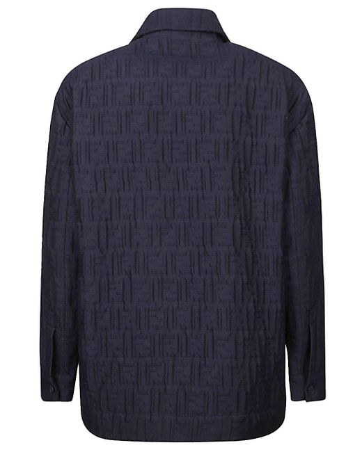 Fendi Blue Monogrammed Collared Long-sleeve Shirt for men
