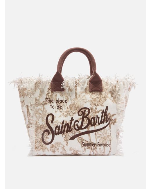 Mc2 Saint Barth Natural Regular Vanity Canvas Bag With Toile De Jouy Print