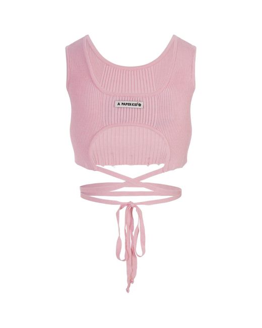 A PAPER KID Pink Ribbed Knit Crop Top With Distressed Effect