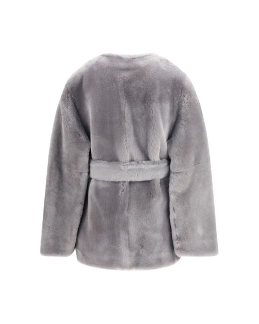 Totême Gray Shearling Belted Coat Fur Jacket