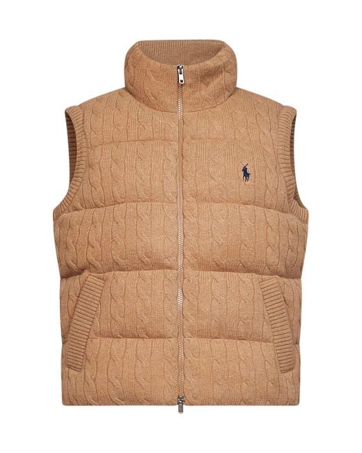 Polo Ralph Lauren Brown Camel Cable Knit Wool And Cashmere Padded Vest