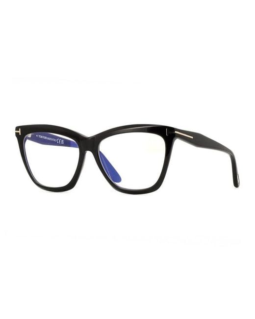 Tom Ford Black Eyeglasses Cat Eye Full Rim, Shiny Frame And Clear- Light Block Lenses Lens Ft6064-B001