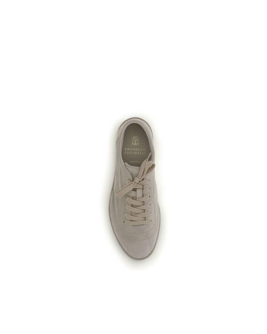 Brunello Cucinelli Gray Beige Calf Leather Bos Taurus Low Top Sneakers for men