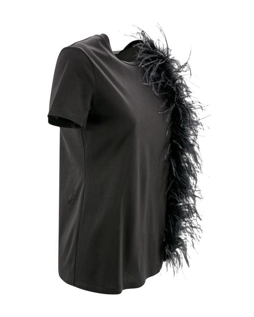Max Mara Studio Black Jersey T-shirt With Feathers