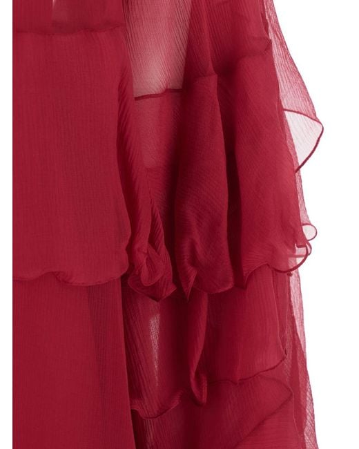 Chloé Red Fuchsia Crewneck Mini Dress With Ruches And Rear Button Closure