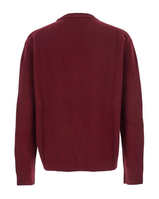Gucci Red Bordeaux Crewneck Sweater With Logo Lettering Embroidery On The Front for men