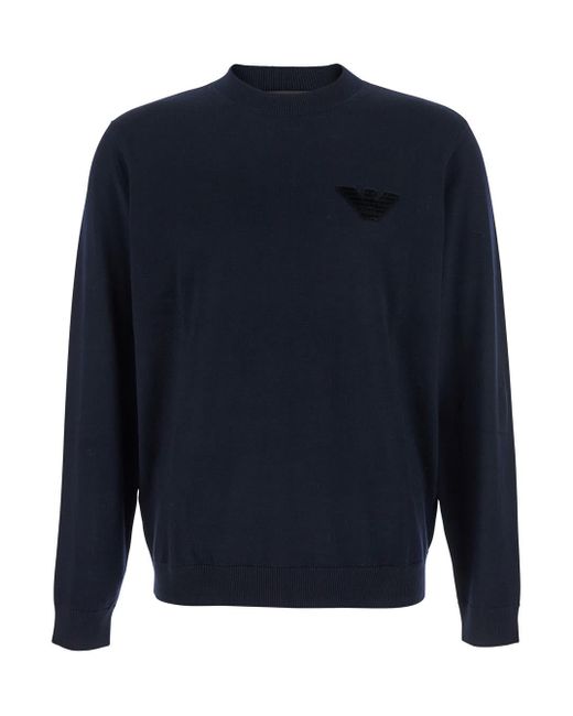 Emporio Armani Blue Crewneck Sweater With Logo Embroidery On The Front for men