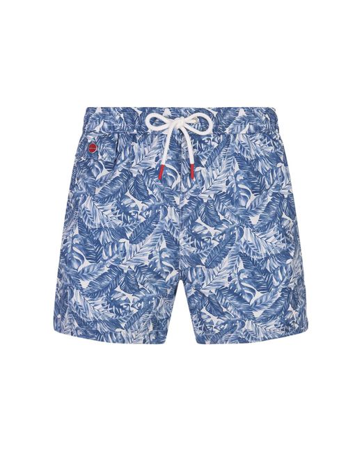 Kiton Blue Swim Shorts With Foliage Print for men