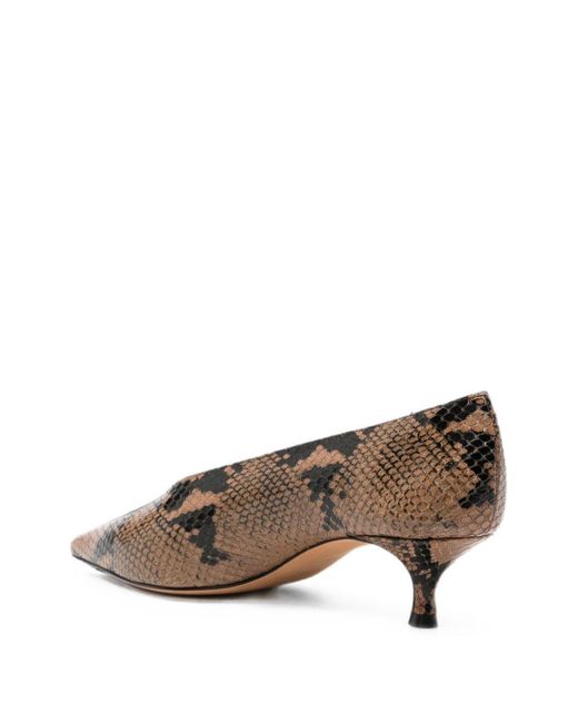 Le Monde Beryl Brown Taupe Python-Embossed Leather Babouche Kitten Heel Pointed Pumps With Kitten Heel