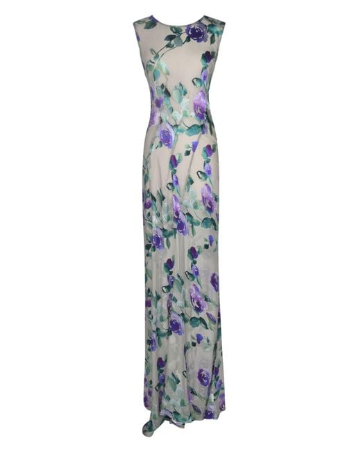 Dries Van Noten Blue Sleeveless Floral Print Long Dress