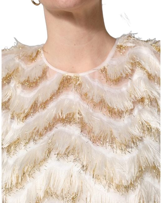 Dolce & Gabbana Natural Ivory Fringe Layered Shift Midi Dress