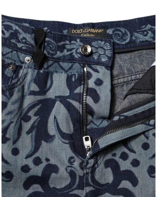 Dolce & Gabbana Blue Graphic Print Tapered Denim Jeans Cotton Clothing