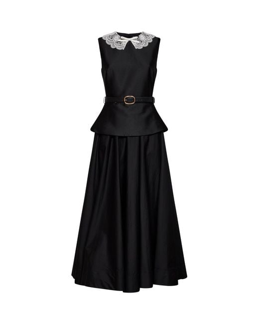 Self-Portrait Black Taffeta Belted Peplum Midi Dress
