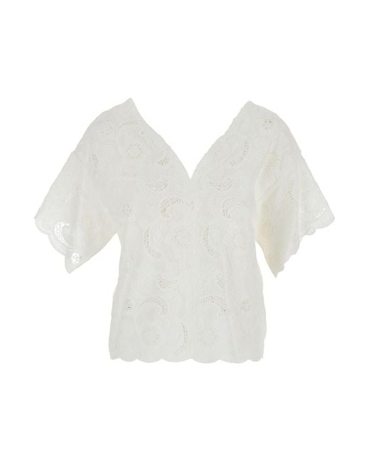 ..,merci White Blouse With V-Neck And Long Sleeves