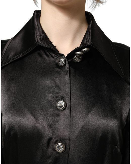 Dolce & Gabbana Black Satin Long Puff Sleeves Pleated Dress Elastane Polyester