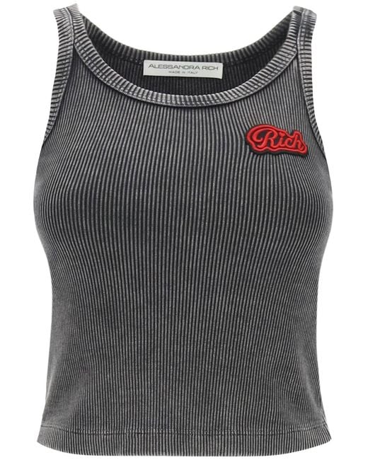 Alessandra Rich Gray Ribbed Tank Top With Logo Patch