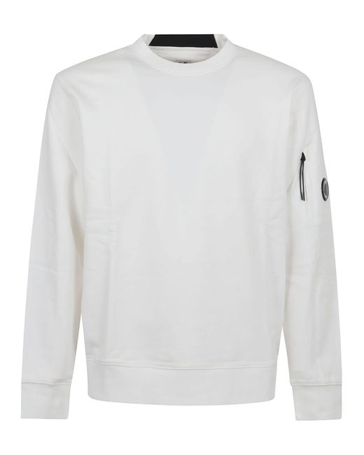 C P Company White Diagonal Raised Fleece Crew Neck Lens Sweatshirt for men
