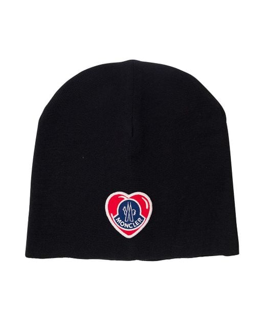Moncler Black Beanie With Heart-Shaped Logo Patch for men