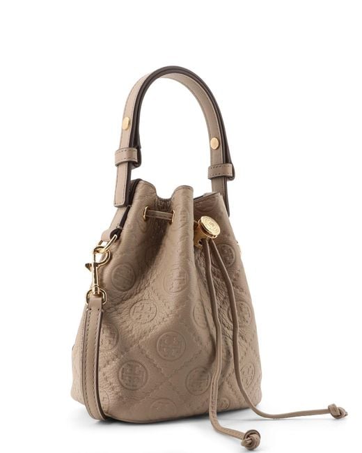 Tory Burch Natural T Monogram Pebble Mini Leather Bucket Bag