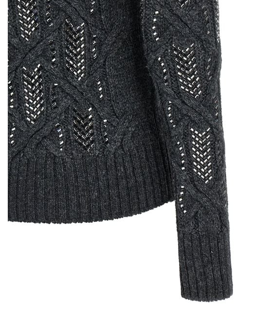 Ermanno Scervino Black Crystal Appliqué Braided Sweater With High Neckline