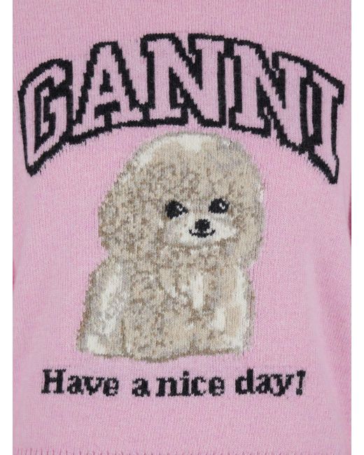 Ganni Pink Sweater With Round Neck And Maxi Logo On The Front