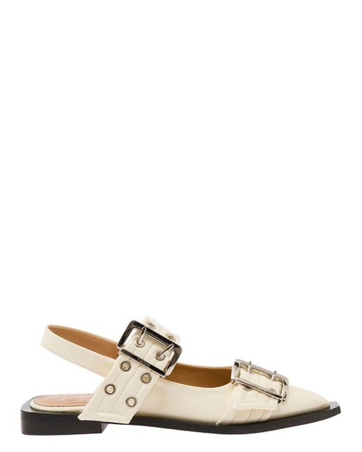 Ganni Metallic White Slingback Ballet Flats With Chunky Buckle In Recycled Polyester Blend