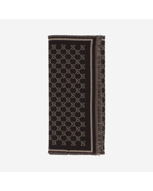 Gucci Black Wool Scarf With Gg Pattern for men