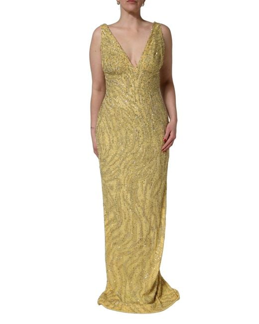 Dolce & Gabbana Yellow V-Neckline Mermaid Sequinned Gown Dress