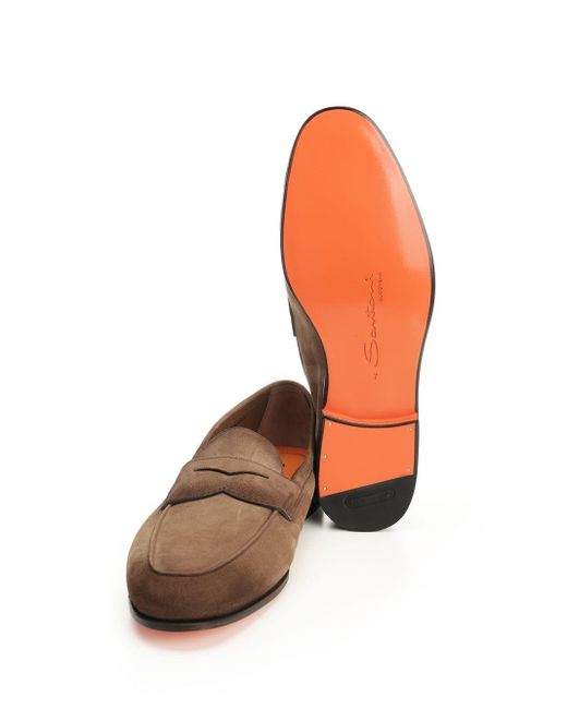 Santoni Brown Carlo Suede Loafers for men