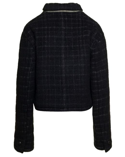 Etro Black Cropped Jacket With Embroidery And Check Motif In Wool Blend