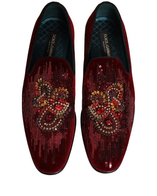 Dolce & Gabbana Red Sequin Gemstone Dress Loafers Shoes Leather for men