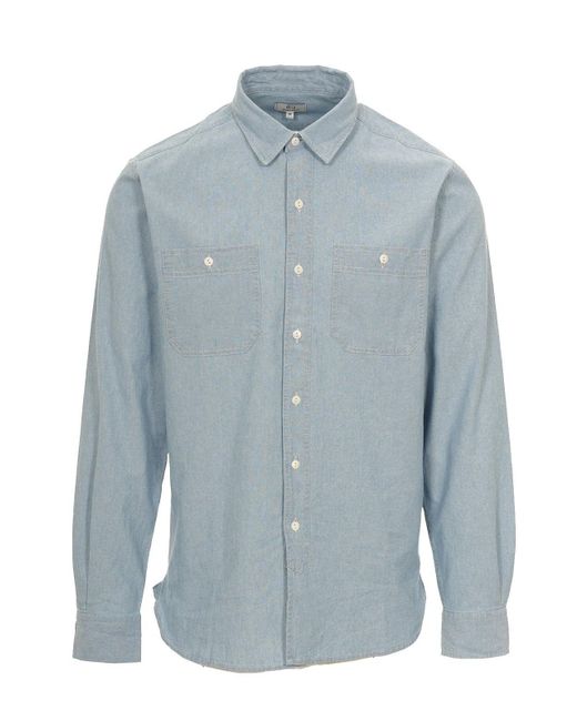 Woolrich Blue Chambray Buttoned Long-Sleeved Shirt for men